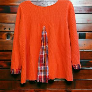 Margaret Winters M Lagenlook Orange Thermal Tunic w/ Plaid Pleated Back